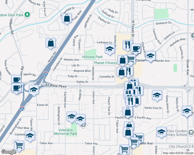map of restaurants, bars, coffee shops, grocery stores, and more near 293 Camellia Street in Fairfield