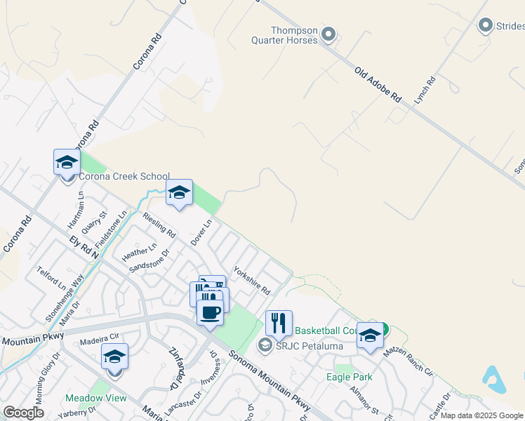 map of restaurants, bars, coffee shops, grocery stores, and more near 911 Mustang Court in Petaluma