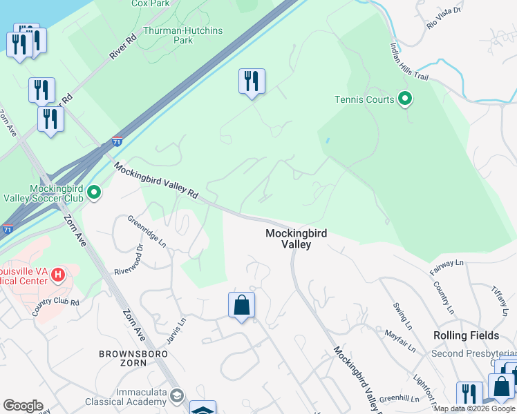 map of restaurants, bars, coffee shops, grocery stores, and more near 5 Mockingbird Place in Louisville