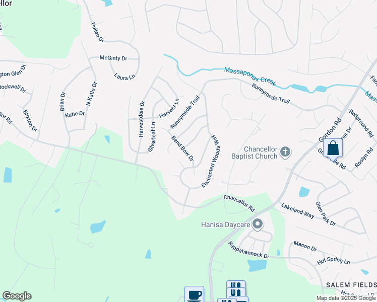map of restaurants, bars, coffee shops, grocery stores, and more near 11517 Bend Bow Drive in Fredericksburg