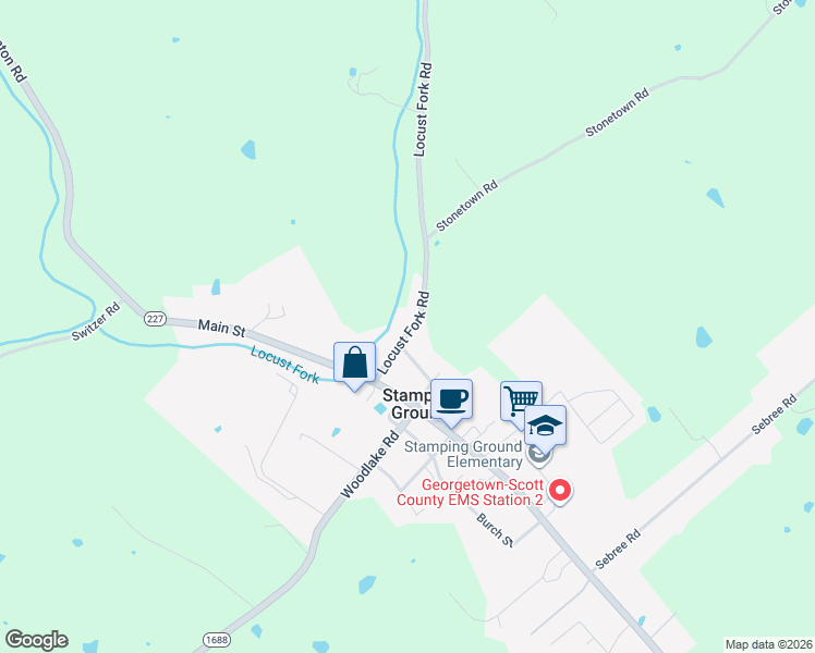 map of restaurants, bars, coffee shops, grocery stores, and more near 148 Locust Fork Road in Stamping Ground