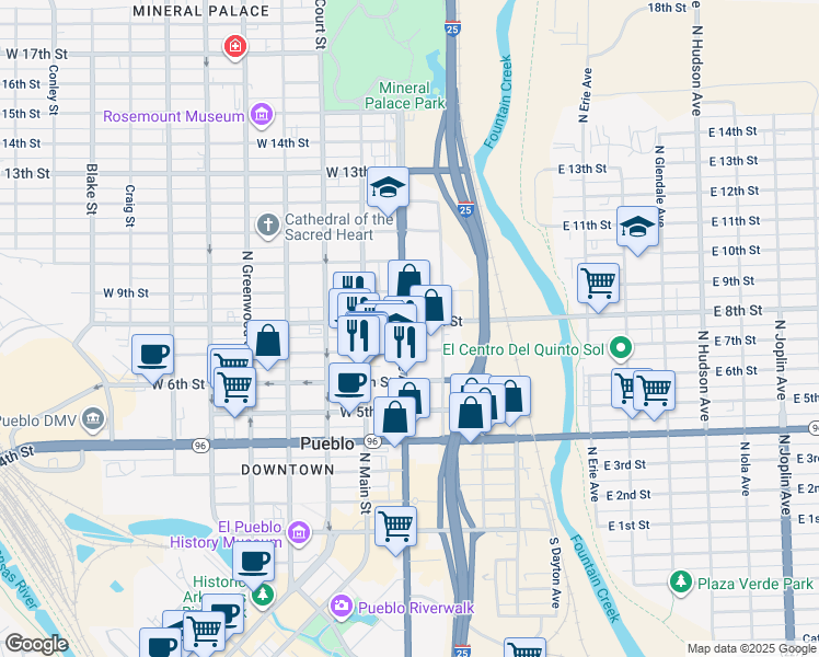 map of restaurants, bars, coffee shops, grocery stores, and more near 780 North Santa Fe Avenue in Pueblo