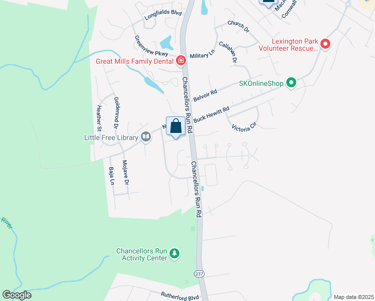 map of restaurants, bars, coffee shops, grocery stores, and more near 22092 Caravel Court in Great Mills