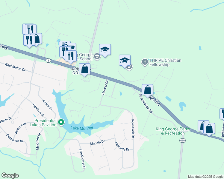 map of restaurants, bars, coffee shops, grocery stores, and more near 10064 Manning Drive in King George