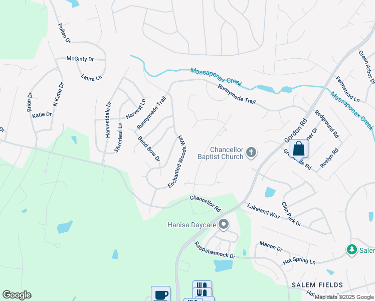 map of restaurants, bars, coffee shops, grocery stores, and more near 11513 Enchanted Woods Way in Fredericksburg