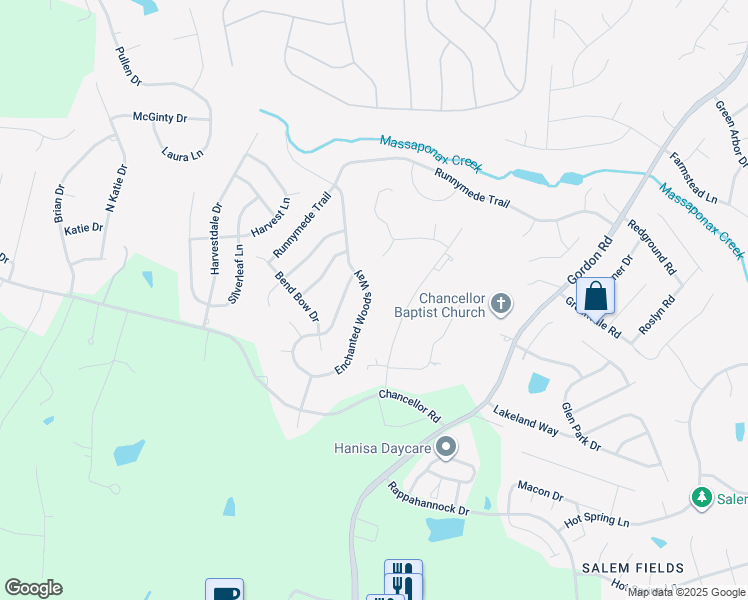 map of restaurants, bars, coffee shops, grocery stores, and more near 11513 Enchanted Woods Way in Fredericksburg