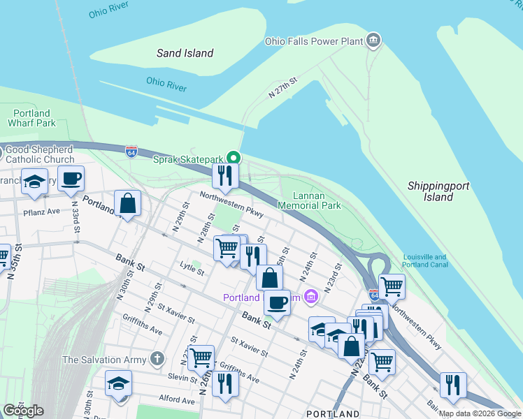 map of restaurants, bars, coffee shops, grocery stores, and more near 2631 Northwestern Parkway in Louisville