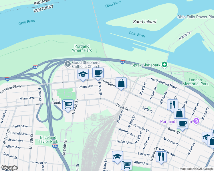 map of restaurants, bars, coffee shops, grocery stores, and more near 3204 Portland Avenue in Louisville