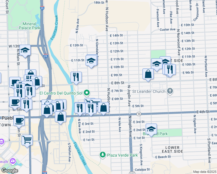 map of restaurants, bars, coffee shops, grocery stores, and more near 906 East 7th Street in Pueblo