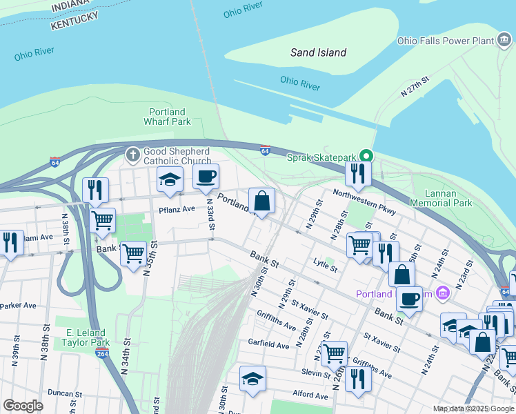 map of restaurants, bars, coffee shops, grocery stores, and more near 3108 Portland Avenue in Louisville