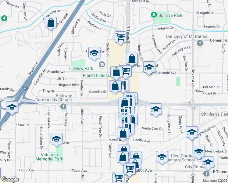 map of restaurants, bars, coffee shops, grocery stores, and more near 2445 North Texas Street in Fairfield