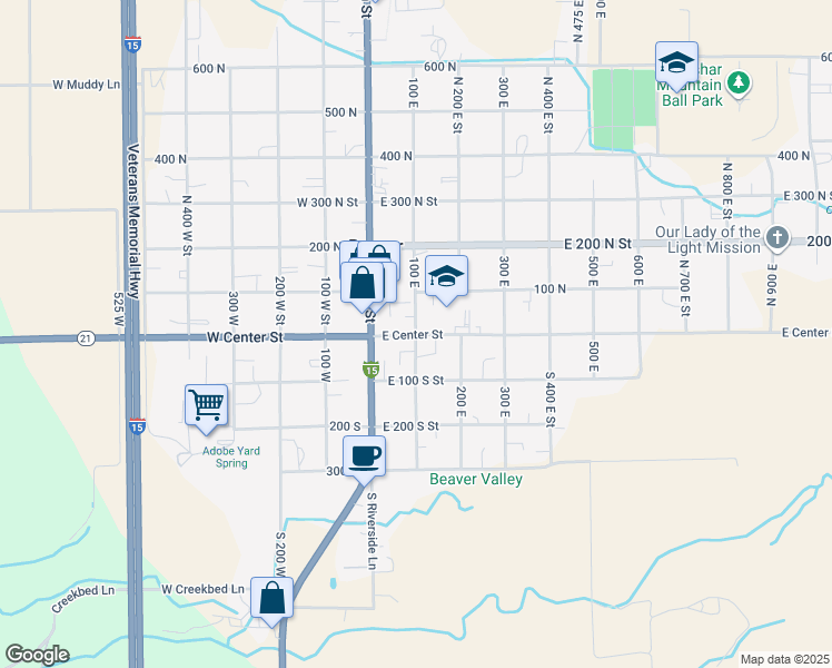 map of restaurants, bars, coffee shops, grocery stores, and more near 55 East Center Street in Beaver