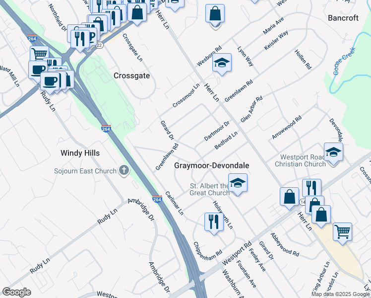 map of restaurants, bars, coffee shops, grocery stores, and more near 1610 Girard Drive in Louisville