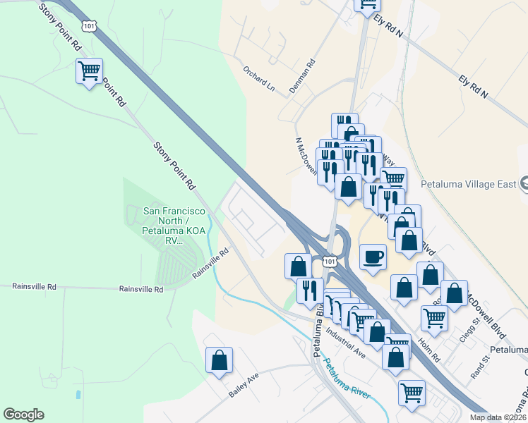 map of restaurants, bars, coffee shops, grocery stores, and more near 300 Stony Point Road in Petaluma