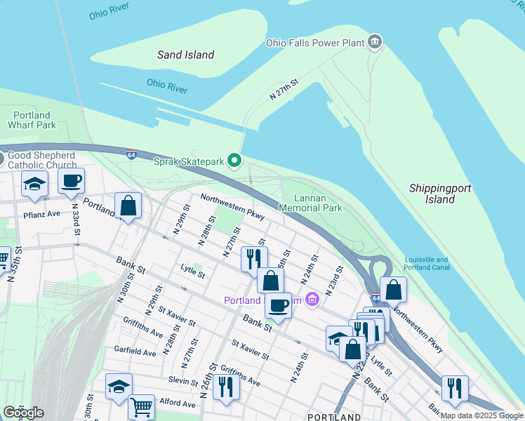 map of restaurants, bars, coffee shops, grocery stores, and more near 2631 Northwestern Parkway in Louisville