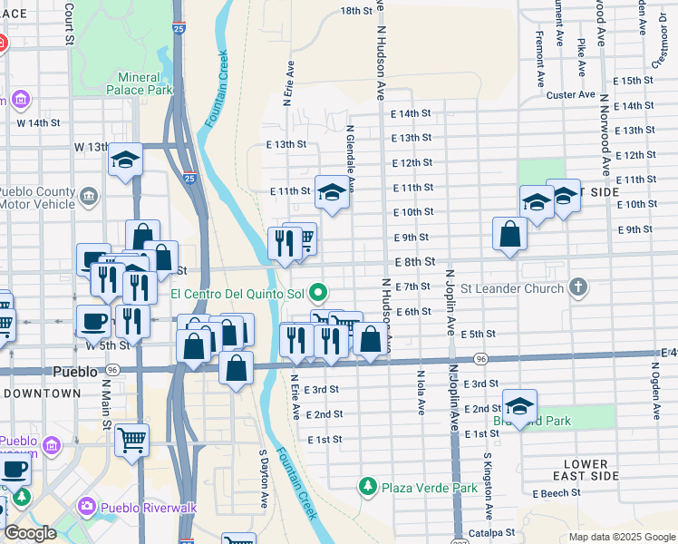 map of restaurants, bars, coffee shops, grocery stores, and more near 709 East 7th Street in Pueblo
