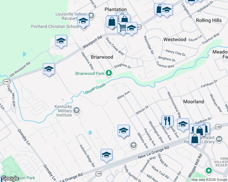 map of restaurants, bars, coffee shops, grocery stores, and more near 8801 Riley Avenue in Louisville