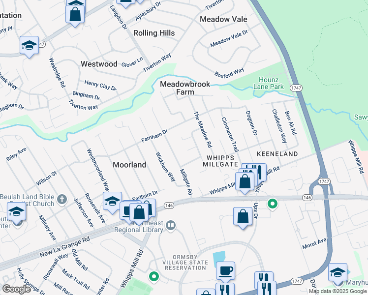 map of restaurants, bars, coffee shops, grocery stores, and more near 9504 Meadowgate Court in Louisville