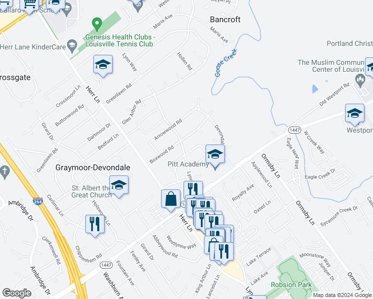 map of restaurants, bars, coffee shops, grocery stores, and more near 1701 Lynn Way in Louisville