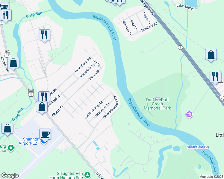 map of restaurants, bars, coffee shops, grocery stores, and more near 11709 River Meadows Way in Fredericksburg