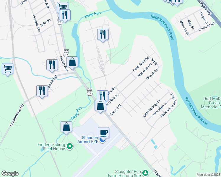 map of restaurants, bars, coffee shops, grocery stores, and more near 140 Bend Farm Road in Fredericksburg