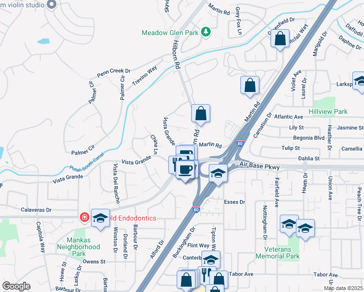 map of restaurants, bars, coffee shops, grocery stores, and more near 2491 Vista Grande in Fairfield
