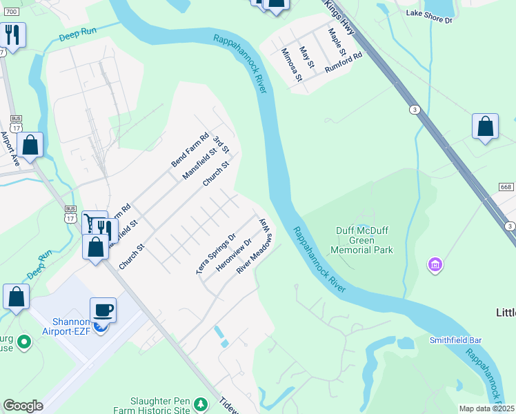 map of restaurants, bars, coffee shops, grocery stores, and more near 11709 River Meadows Way in Fredericksburg