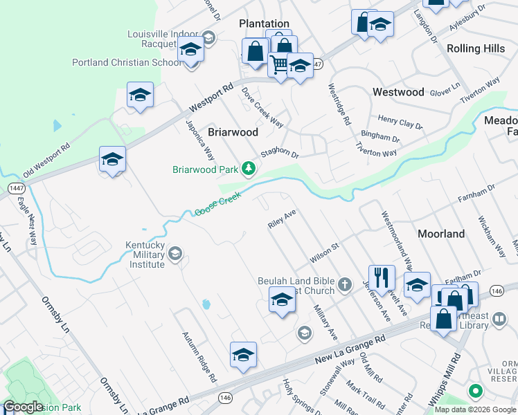 map of restaurants, bars, coffee shops, grocery stores, and more near 8801 Riley Avenue in Louisville
