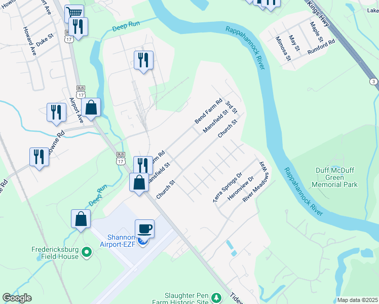 map of restaurants, bars, coffee shops, grocery stores, and more near 171 Mansfield Street in Fredericksburg