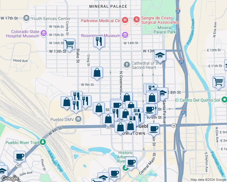 map of restaurants, bars, coffee shops, grocery stores, and more near 728 N Elizabeth St in Pueblo