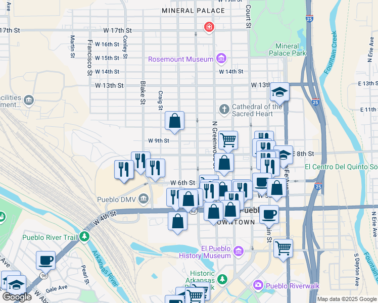 map of restaurants, bars, coffee shops, grocery stores, and more near 624 West 8th Street in Pueblo