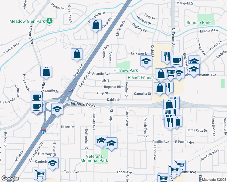 map of restaurants, bars, coffee shops, grocery stores, and more near 375 Tulip Street in Fairfield