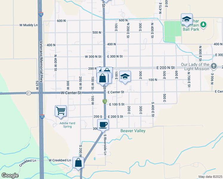 map of restaurants, bars, coffee shops, grocery stores, and more near 55 East Center Street in Beaver