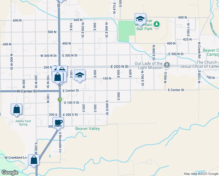 map of restaurants, bars, coffee shops, grocery stores, and more near 60 North 400 East Street in Beaver