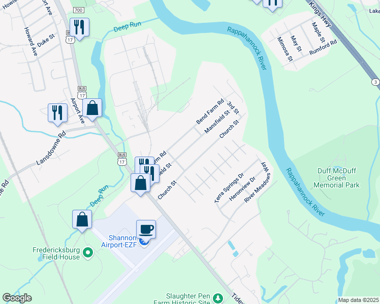 map of restaurants, bars, coffee shops, grocery stores, and more near 171 Mansfield Street in Fredericksburg