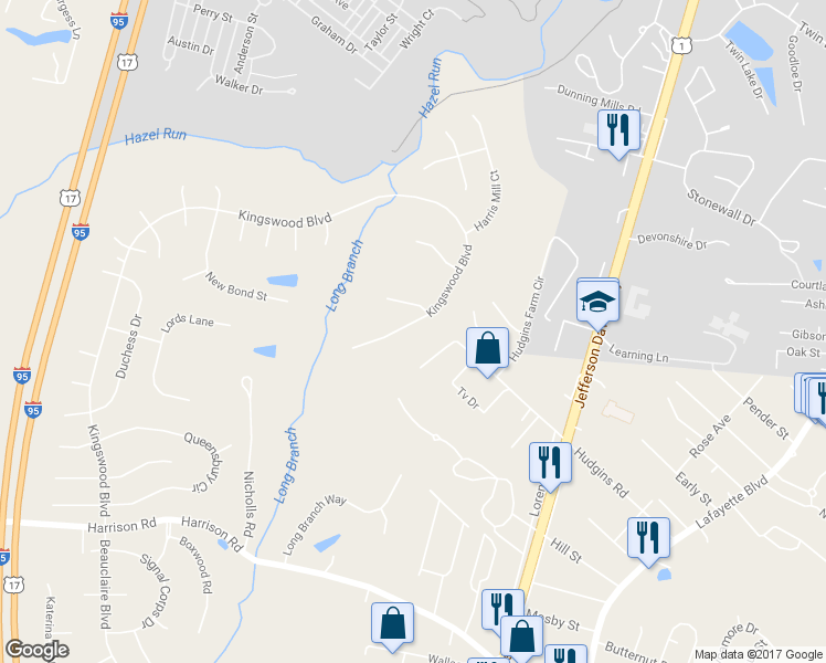 map of restaurants, bars, coffee shops, grocery stores, and more near 12112 Kingswood Boulevard in Fredericksburg