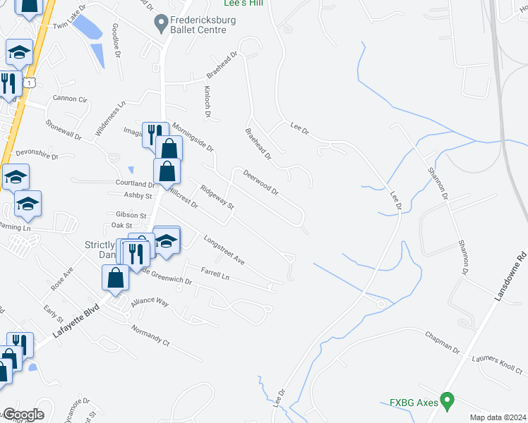 map of restaurants, bars, coffee shops, grocery stores, and more near 416 Morningside Drive in Fredericksburg