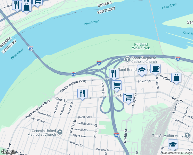 map of restaurants, bars, coffee shops, grocery stores, and more near in Louisville