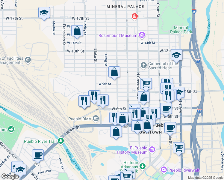 map of restaurants, bars, coffee shops, grocery stores, and more near 720 West 8th Street in Pueblo