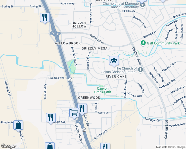 map of restaurants, bars, coffee shops, grocery stores, and more near 852 Vintage Oak Avenue in Galt