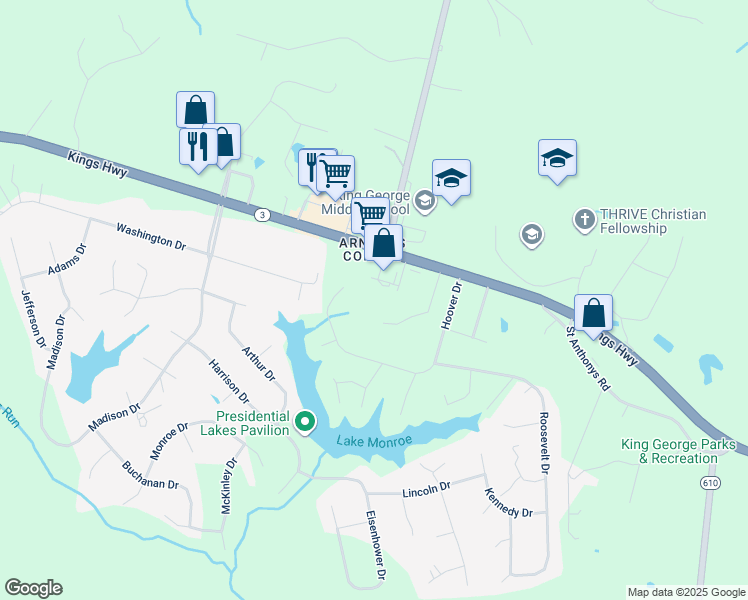 map of restaurants, bars, coffee shops, grocery stores, and more near Arnold's Corner Court in King George