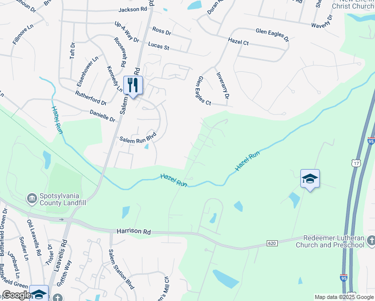 map of restaurants, bars, coffee shops, grocery stores, and more near 6 Twin Springs Drive in Fredericksburg
