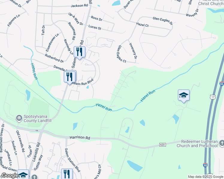 map of restaurants, bars, coffee shops, grocery stores, and more near 6 Twin Springs Drive in Fredericksburg