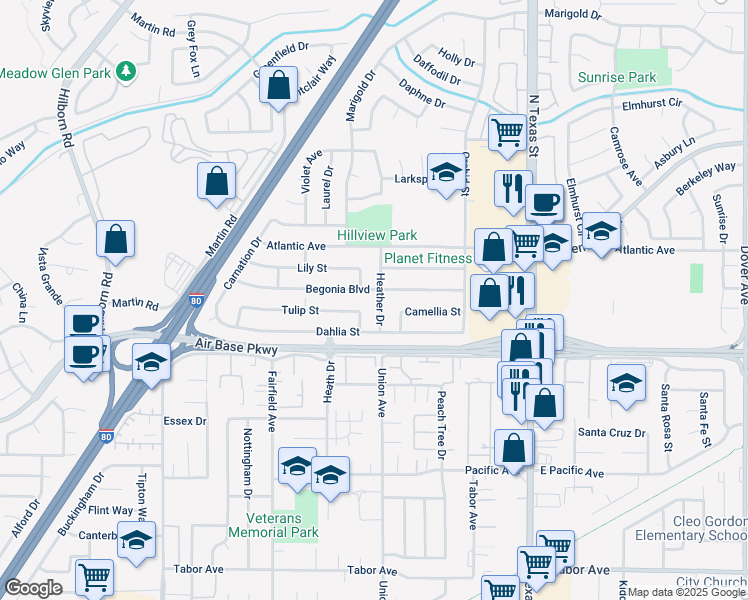 map of restaurants, bars, coffee shops, grocery stores, and more near 313 Tulip Street in Fairfield