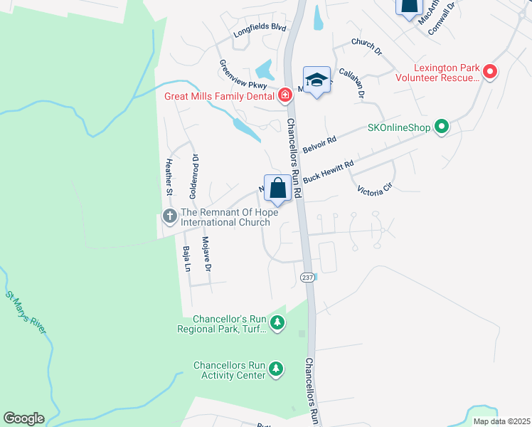 map of restaurants, bars, coffee shops, grocery stores, and more near 22126 Clipper Drive in Great Mills