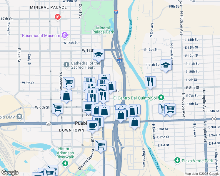 map of restaurants, bars, coffee shops, grocery stores, and more near 700-798 N Albany Ave in Pueblo