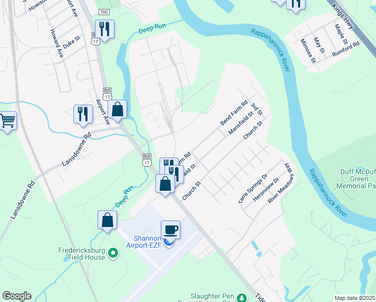 map of restaurants, bars, coffee shops, grocery stores, and more near 148 Bend Farm Road in Fredericksburg