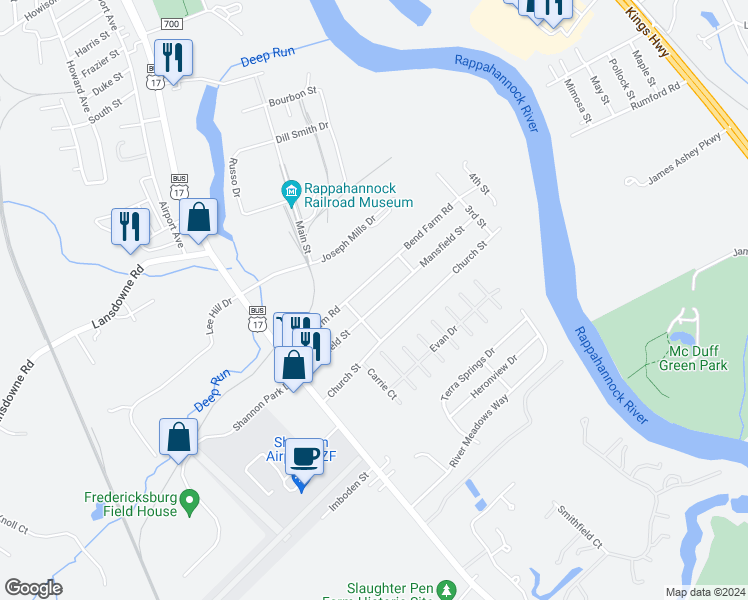 map of restaurants, bars, coffee shops, grocery stores, and more near 162 Mansfield Street in Fredericksburg