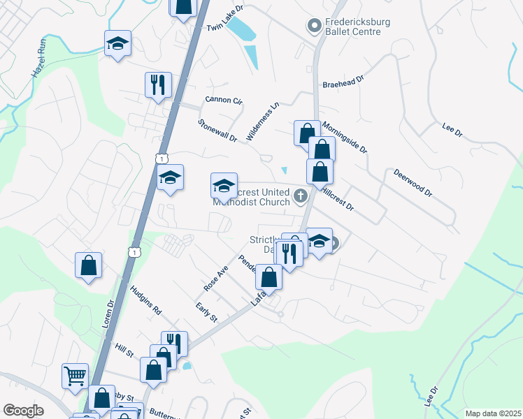 map of restaurants, bars, coffee shops, grocery stores, and more near 125 Gibson Street in Fredericksburg