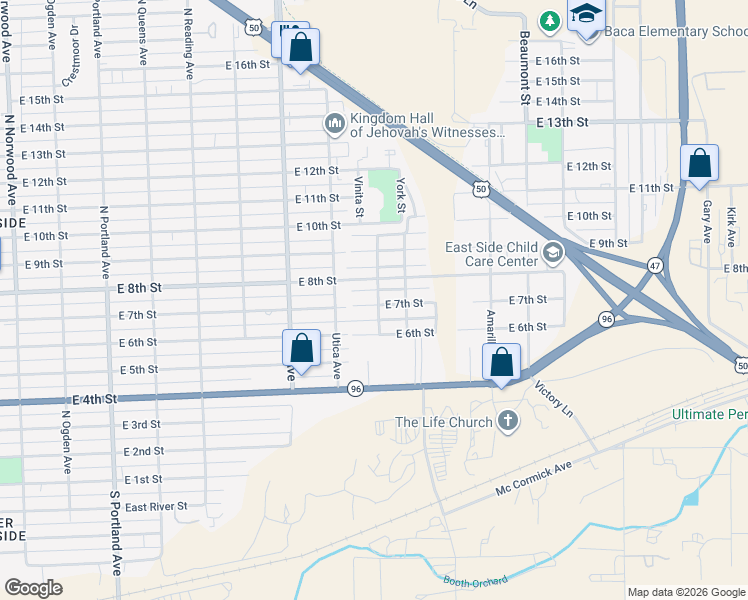 map of restaurants, bars, coffee shops, grocery stores, and more near 2203 East 6th Street in Pueblo